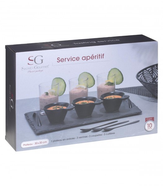 Set Apéritif Blanc Floral 7 Pièces - 5 Coupelles Céramique + Plateau Bambou + Pot à Piques