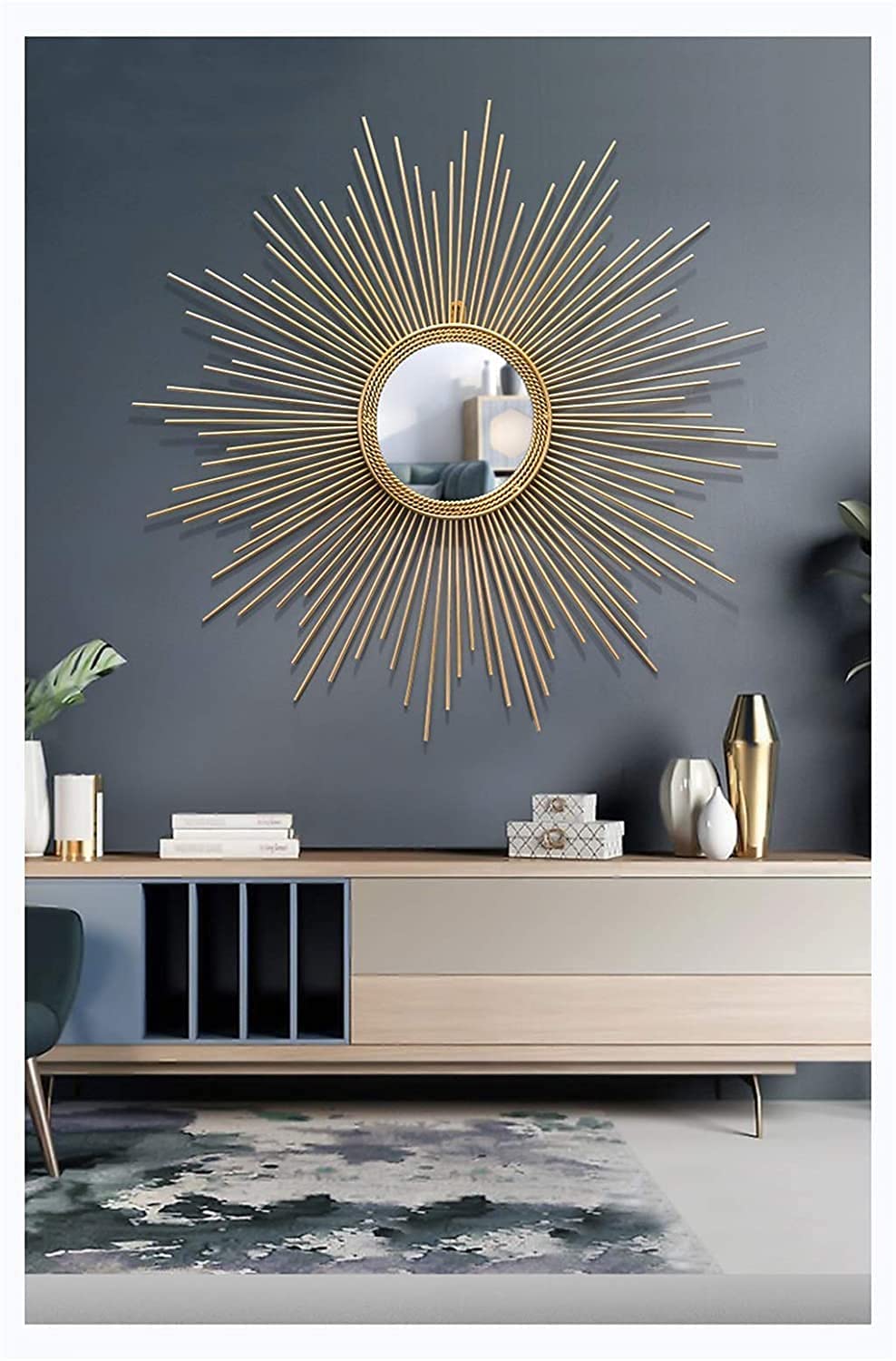 MIROIR ROND CADRE EN METAL DORE FORME SOLEIL - 107CM