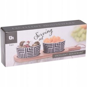 Service aperitif-3pcs-2bols-en porcelaine +plateau en bois