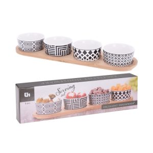 Service aperitif-5pcs-4bols-en porcelaine +plateau en bois