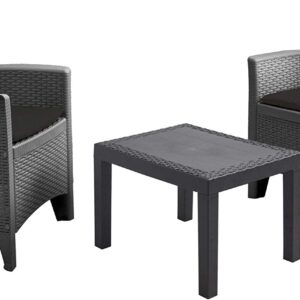 Ensemble de meubles de jardin en rotin anthracite - 2 fauteuils avec coussins + table de jardin - Salon de jardin en rotin