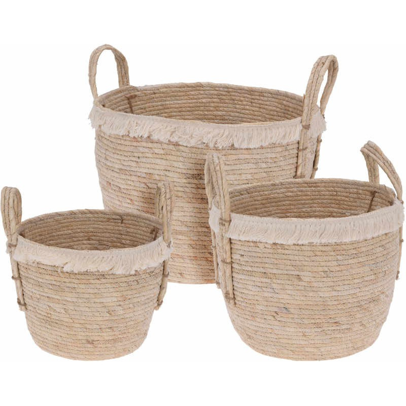 PANIER EN PAILLE-TRESSE-COTON-SET 3PCS-COULEUR NATURELLE
