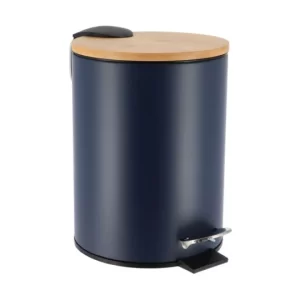 Poubelle -2,5L- en metal a pedale couvercle en bambou avec frein de chute bleu