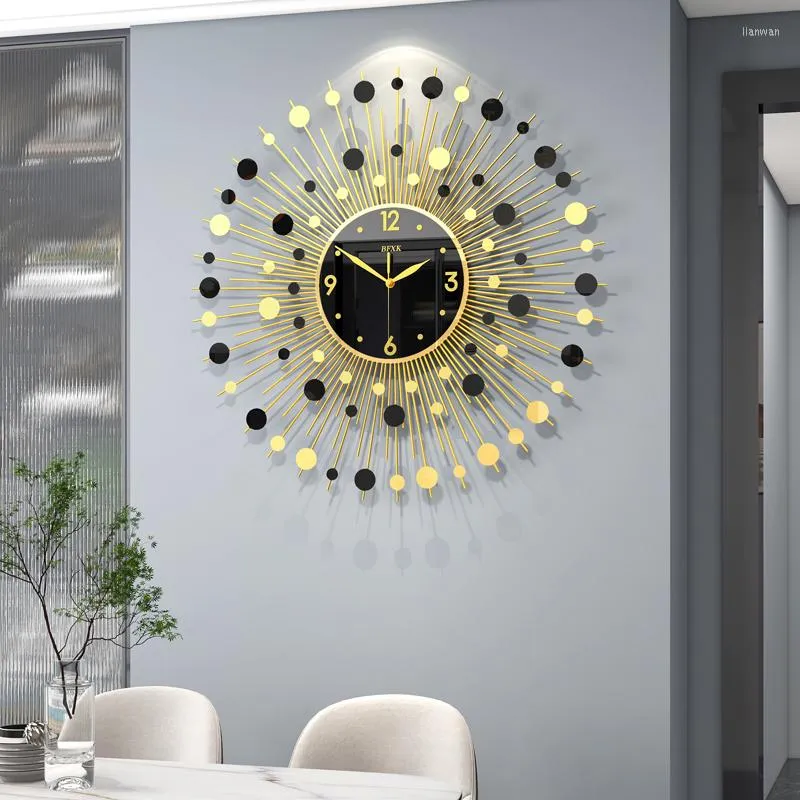 Horloge murale ronde en metal-70cm-forme soleil dore-noir - Image 2