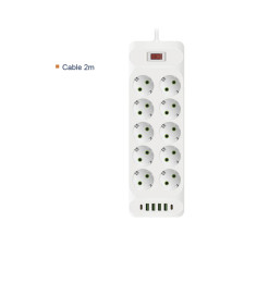 Rallonge multiprise-10 trous/4 ports USB/2 ports pd 2500w-blanc – Orca