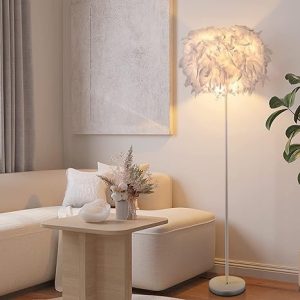 LAMPE DE SOL-PLUMES BLANCHES-155CM-BASE EN METAL BLANC