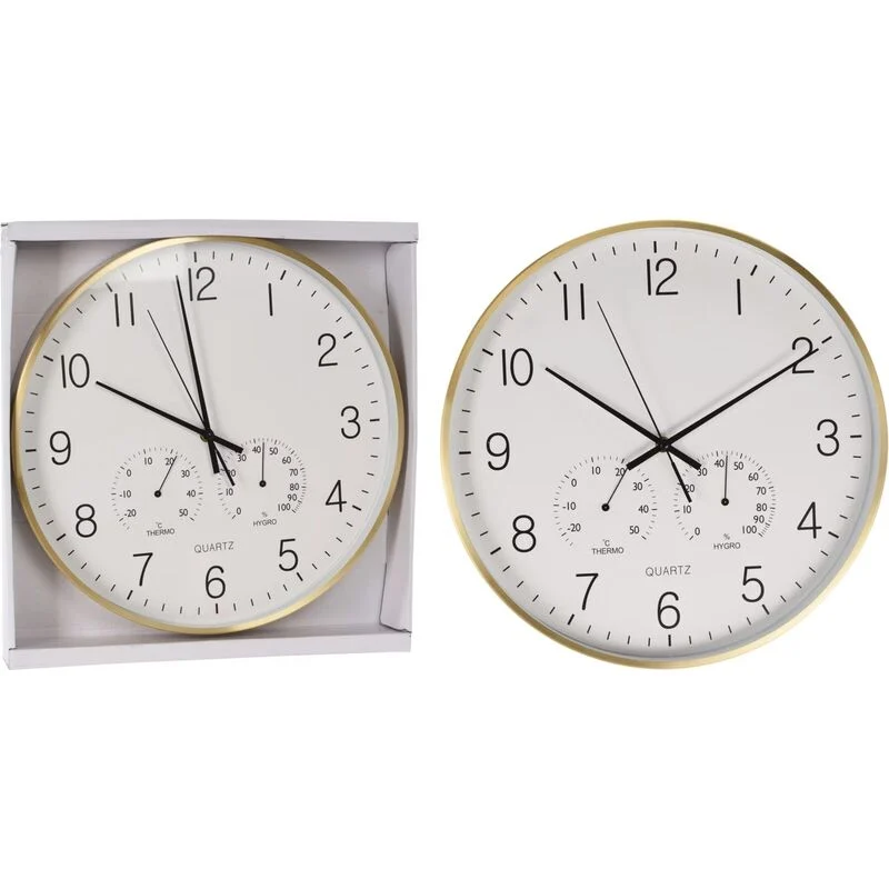 Horloge murale ronde-38cm-cadre en alu dore fond blanc