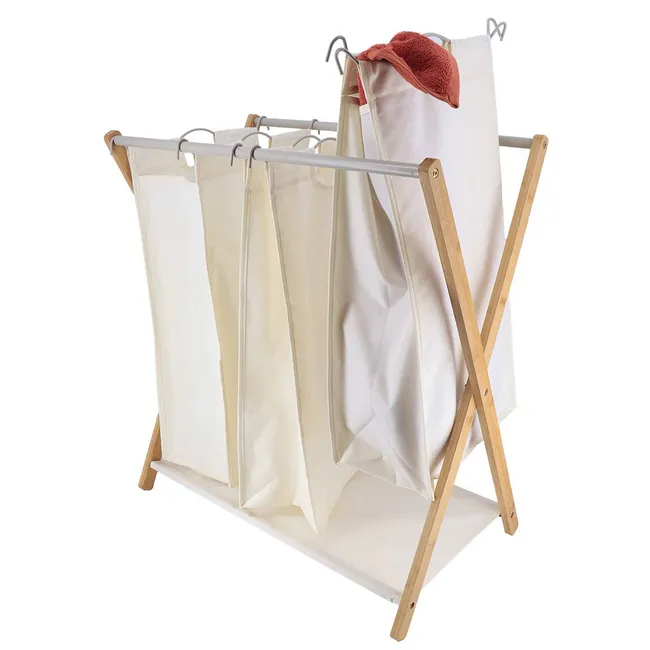 Panier a linge en bois/metal 3 parniers en polester-gris