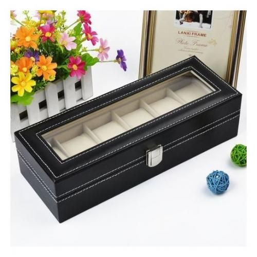 Boite a montres -30x11x8cm-en cuir-noir-beige-6 montres – Image 2