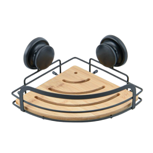 ETAGERE D'ANGLE DE SDB-EN METAL NOIR-BAMBOU