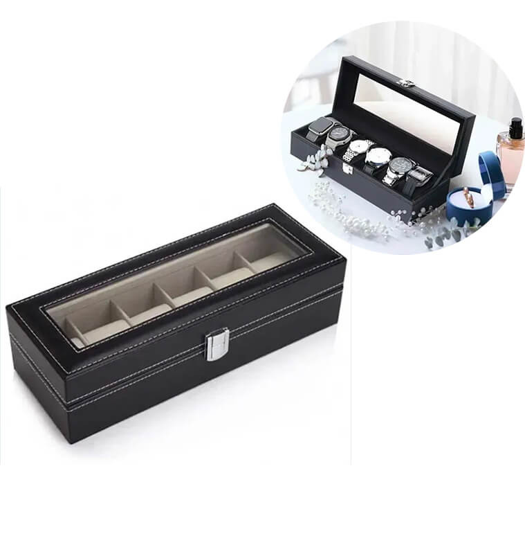 Boite a montres -30x11x8cm-en cuir-noir-beige-6 montres