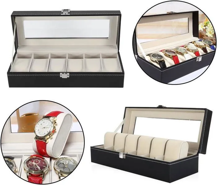 Boite a montres -30x11x8cm-en cuir-noir-beige-6 montres – Image 4