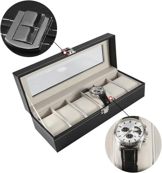 Boite a montres -30x11x8cm-en cuir-noir-beige-6 montres – Image 3