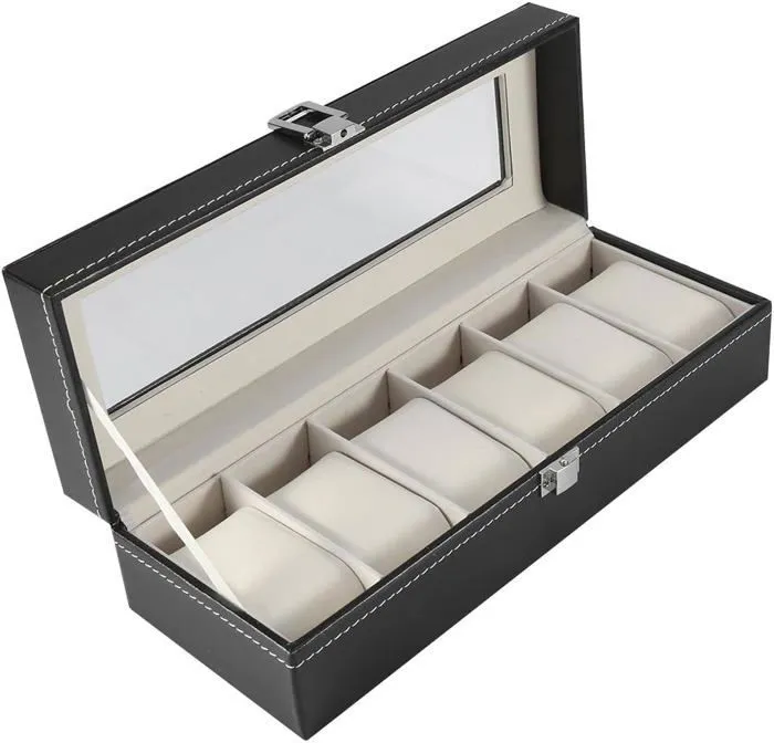 Boite a montres -30x11x8cm-en cuir-noir-beige-6 montres – Image 5