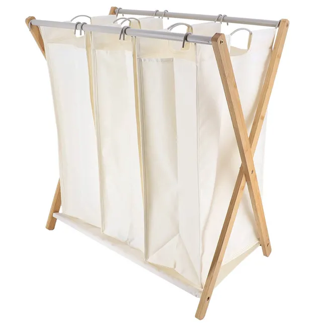 Panier a linge en bois/metal 3 parniers en polester-gris – Image 4