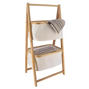 Etagère range serviettes en bois 2 paniers en polyester-gris
