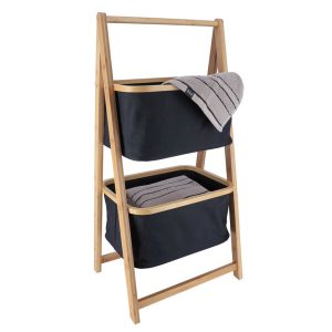 Etagère range serviettes en bois 2 paniers en polyester-noir