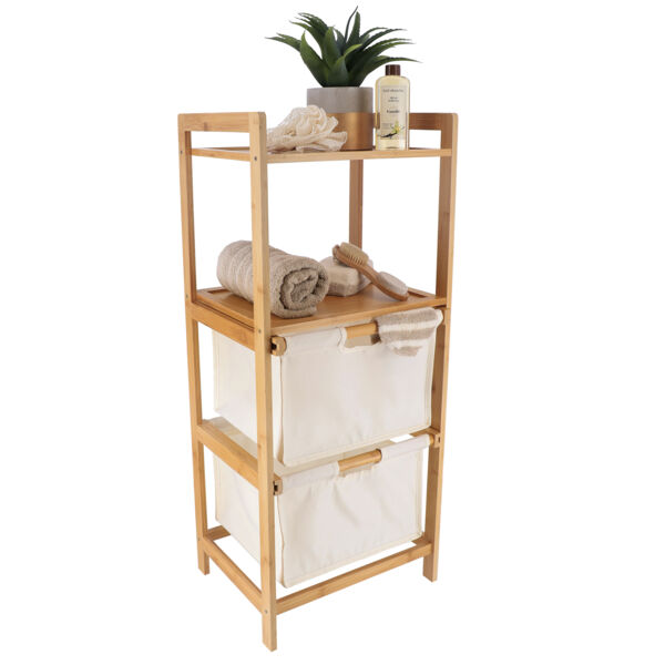 Etagère de sdb en bois 2 paniers+2 étagères naturel-gris