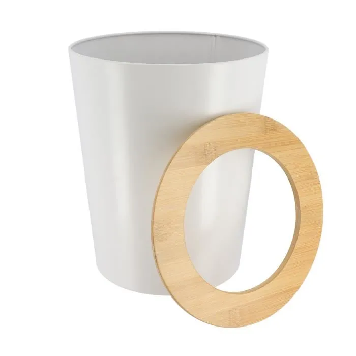 POUBELLE EN METAL-5L-COUVERCLE EN BAMBOU-BLANC - Image 2