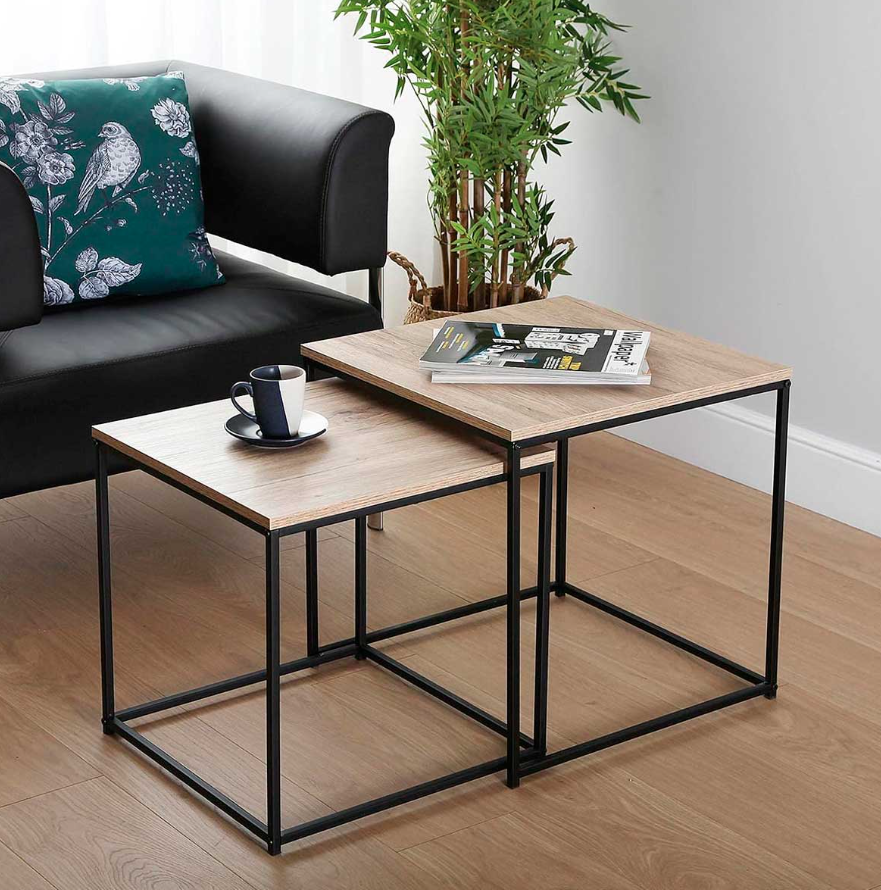 Table gigogne carrée en métal/bois x2pcs-aliaj-noir-rect