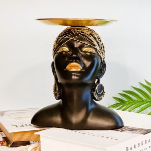 STATUE DECORATIVE-20.5CM-TETE FEMME AFRICAINE-NOIR DORE