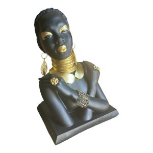 Statue decorative-27,8cm-femme africaine les mains sur le buste-noir-dore