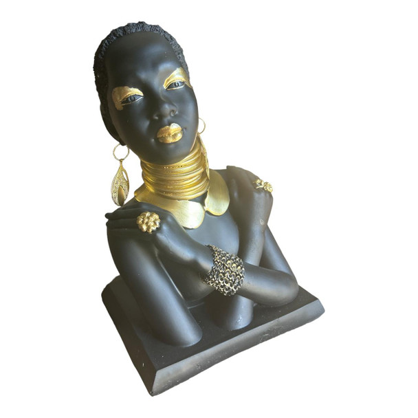 Statue decorative-27,8cm-femme africaine les mains sur le buste-noir-dore