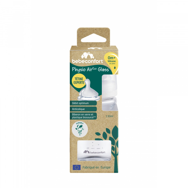 Biberon-130ml-bebeconfort en verre physio air care+0mois