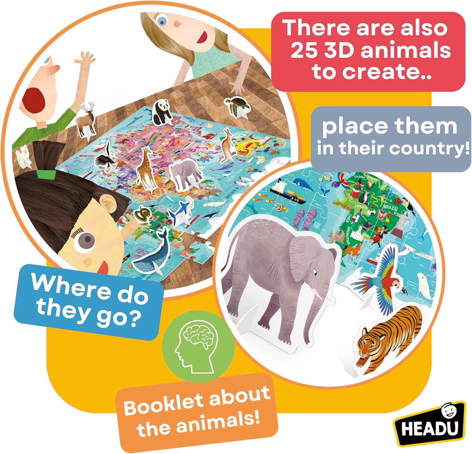 PUZZLE 100PCS-LE TOUR DU MONDE ANIMAUX+5ANS-HEADU – Image 2