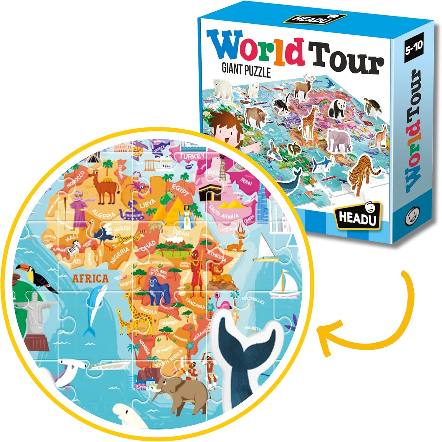 PUZZLE 100PCS-LE TOUR DU MONDE ANIMAUX+5ANS-HEADU