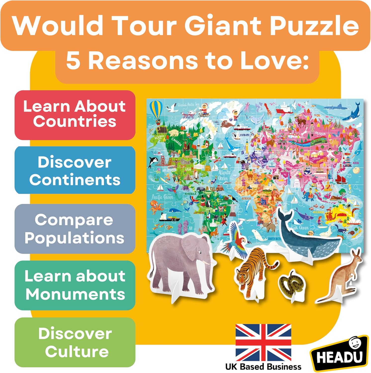 PUZZLE 100PCS-LE TOUR DU MONDE ANIMAUX+5ANS-HEADU – Image 4