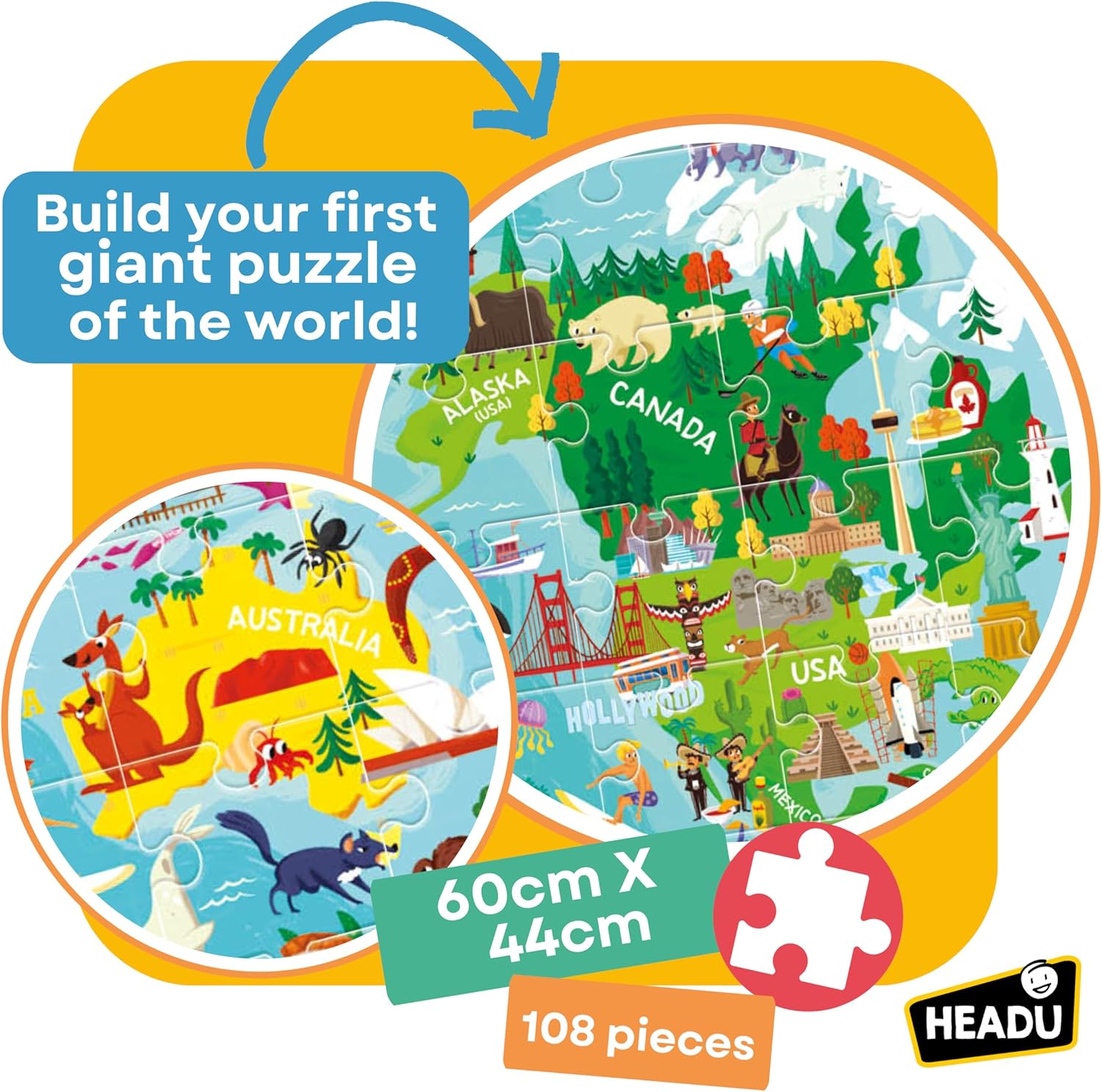 PUZZLE 100PCS-LE TOUR DU MONDE ANIMAUX+5ANS-HEADU – Image 3