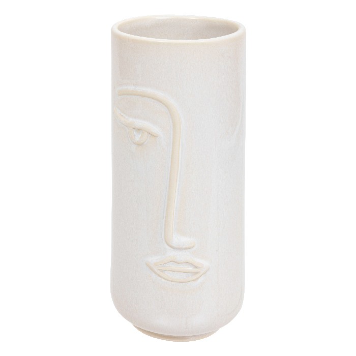 VASE EN CERAMIQUE-25X11CM-MOTIF VISAGE-BEIGE