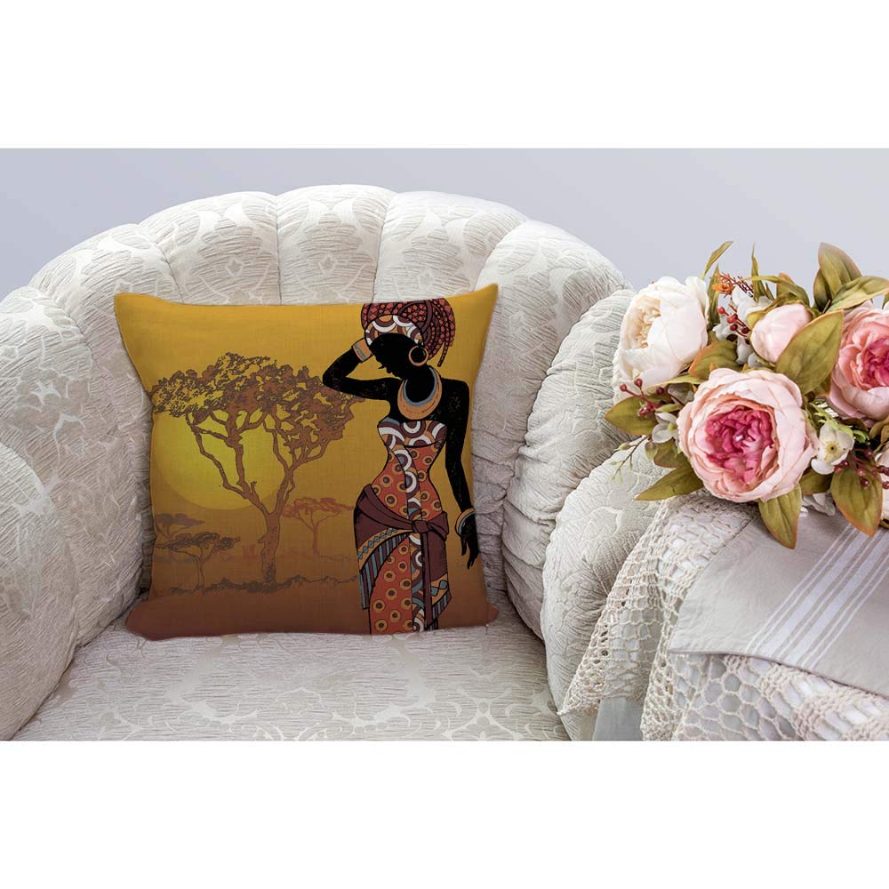 Coussin decoratif-45x45cm-dehoussable imprime femme africaine +arbre-jaune-multi – Image 3