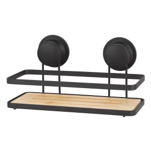 ETAGERE DE SDB EN METAL-NOIR-PLATEAU EN BAMBOU-VENTOUSE