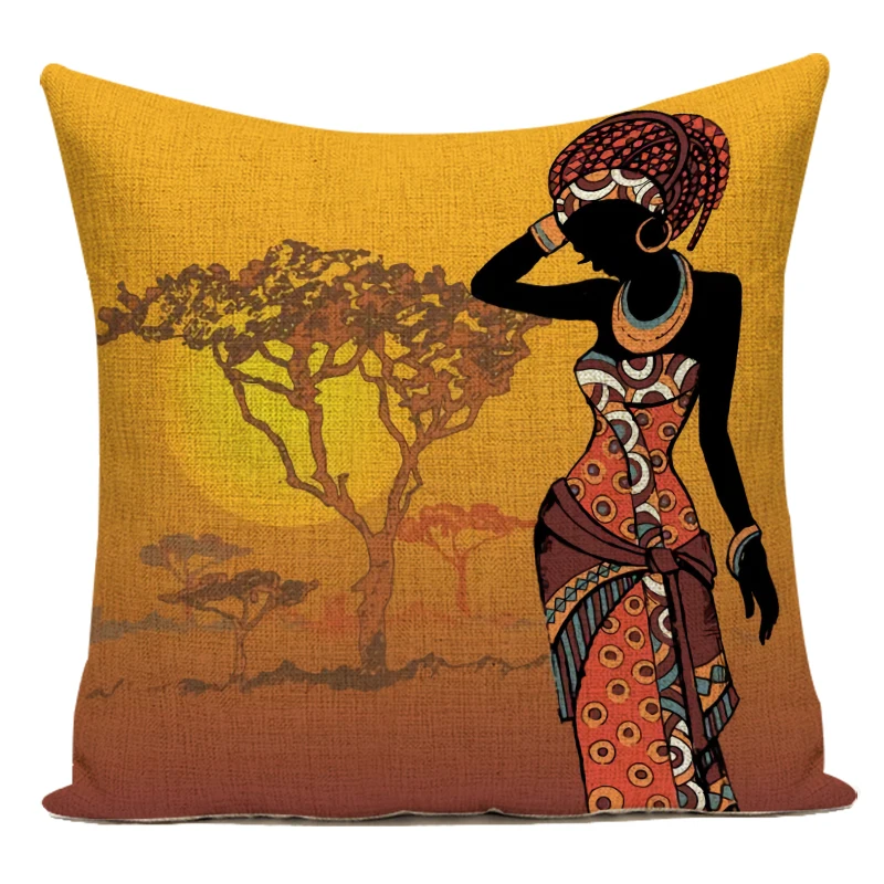 Coussin decoratif-45x45cm-dehoussable imprime femme africaine +arbre-jaune-multi