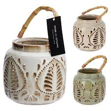 Photophore en porcelaine a suspendre anse en bambou ASST