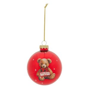 Noel boule de sapin-8cm-en verre motif ourson-rouge