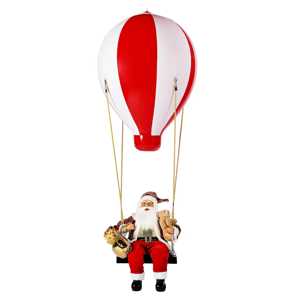 Noel père noël lumineux-175cm-sur balançoire + ballon trompette + sac-rouge-dore - Image 4
