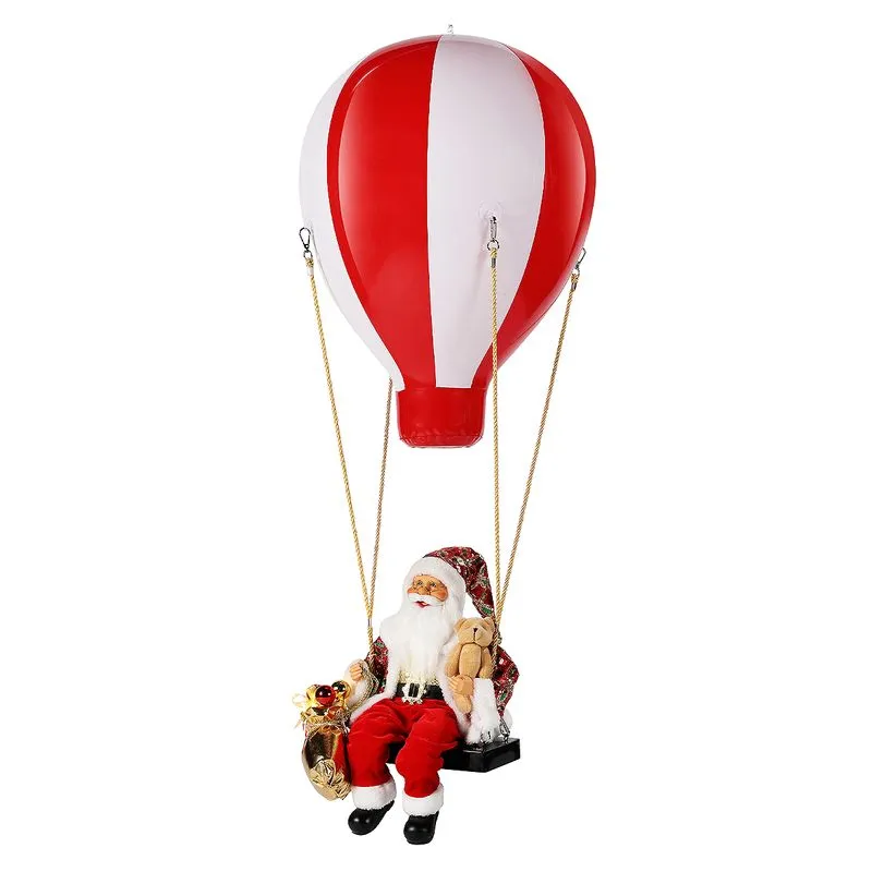 Noel père noël lumineux-175cm-sur balançoire + ballon trompette + sac-rouge-dore - Image 3
