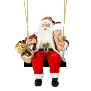 Noel père noël lumineux-175cm-sur balançoire + ballon trompette + sac-rouge-dore