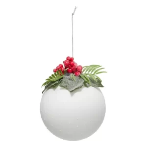 Noel boule de sapin-10cm-en verre-blanc deco houx+baies