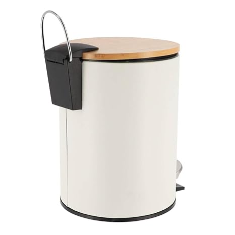 POUBELLE 3L-EN METAL A PEDALE COUVERCLE EN BAMBOU-BLANC - Image 3
