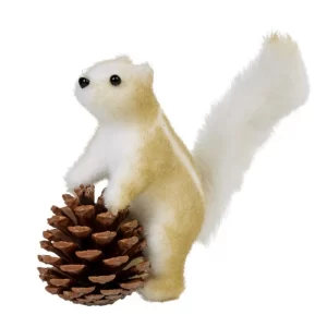 NOEL-ECUREUIL BLANC EN FEUTRINE-PELUCHE AVEC POMME DE PIN