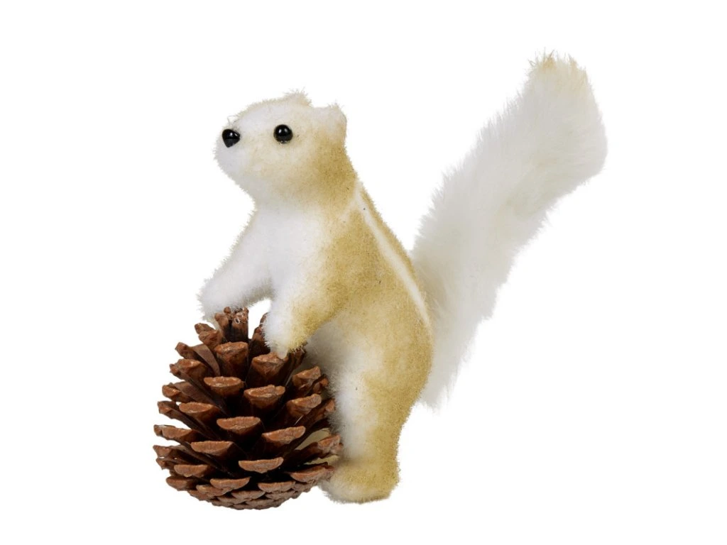 NOEL-ECUREUIL BLANC EN FEUTRINE-PELUCHE AVEC POMME DE PIN
