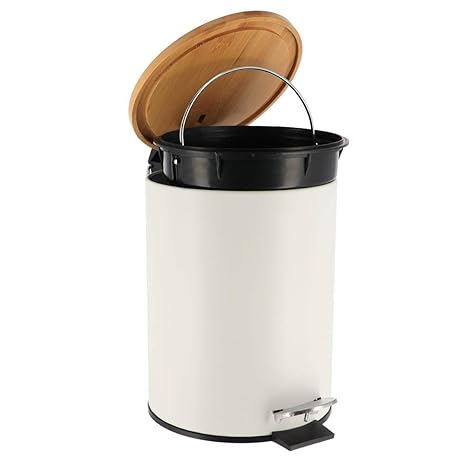 POUBELLE 3L-EN METAL A PEDALE COUVERCLE EN BAMBOU-BLANC - Image 5