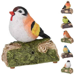 Oiseau decoratif sonore sur branche en polystone asst