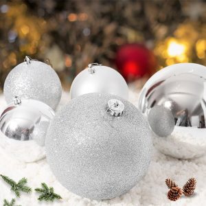 NOEL-BOULE DE SAPIN-20CM EN PLASTIQUE PAILLETTE-ARGENTE