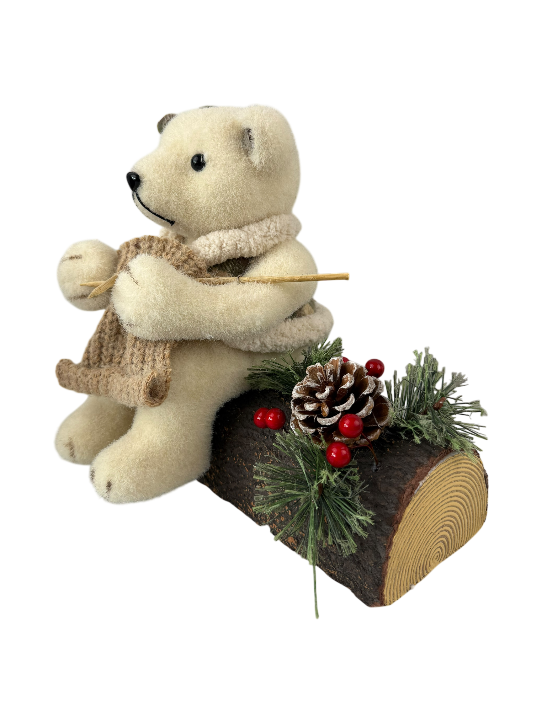 Noel ours en feutrine beige qui tricote assis sur tronc-24cm-deco pin et baie - Image 4
