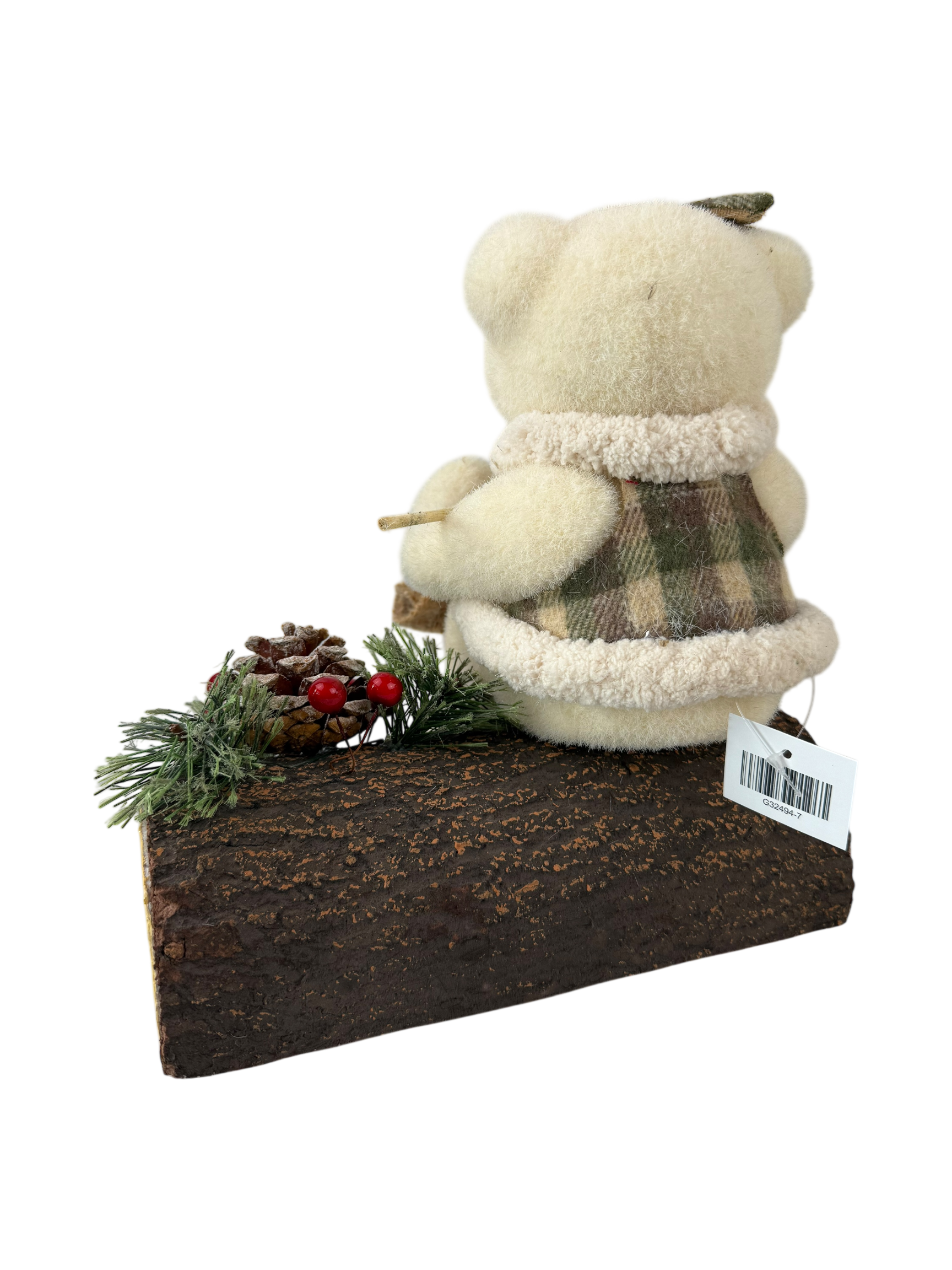 Noel ours en feutrine beige qui tricote assis sur tronc-24cm-deco pin et baie - Image 3